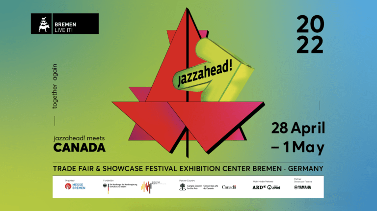 Flyer jazzahead! with green and blue background and a red maple leaf. conference 2022 from April 28 until May, 1. Partner country Canada