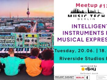 Four people in different couloured shirt sit on a rooftop in Berlin in front of a giantic synth watchin sunset over Berlin. All AI generated art